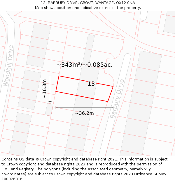 13, BARBURY DRIVE, GROVE, WANTAGE, OX12 0NA: Plot and title map