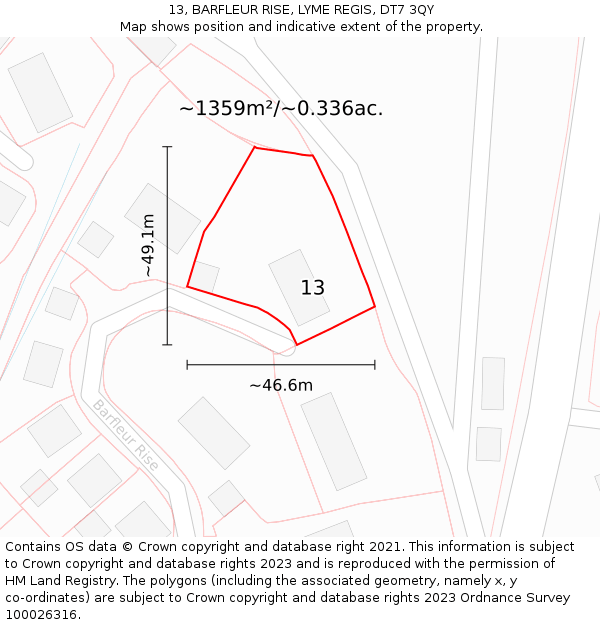 13, BARFLEUR RISE, LYME REGIS, DT7 3QY: Plot and title map