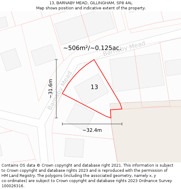 13, BARNABY MEAD, GILLINGHAM, SP8 4AL: Plot and title map