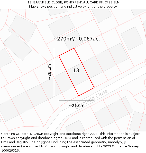 13, BARNFIELD CLOSE, PONTPRENNAU, CARDIFF, CF23 8LN: Plot and title map