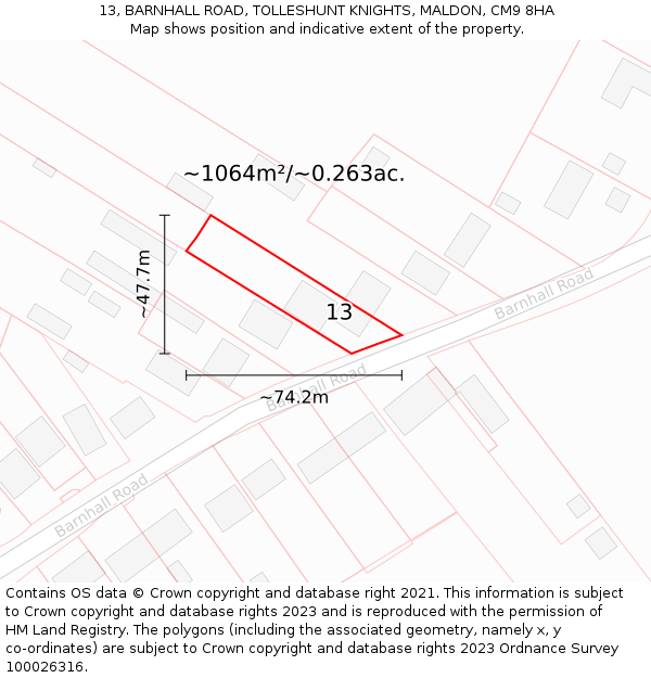 13, BARNHALL ROAD, TOLLESHUNT KNIGHTS, MALDON, CM9 8HA: Plot and title map