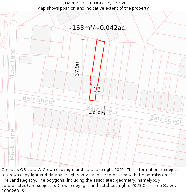 13, BARR STREET, DUDLEY, DY3 2LZ: Plot and title map