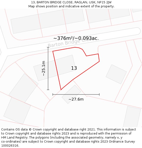 13, BARTON BRIDGE CLOSE, RAGLAN, USK, NP15 2JW: Plot and title map