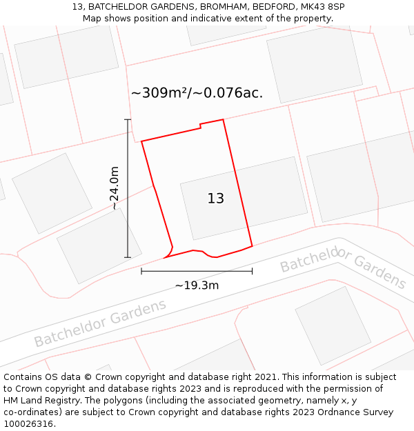 13, BATCHELDOR GARDENS, BROMHAM, BEDFORD, MK43 8SP: Plot and title map