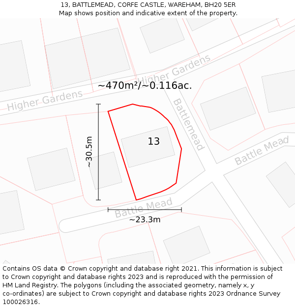 13, BATTLEMEAD, CORFE CASTLE, WAREHAM, BH20 5ER: Plot and title map