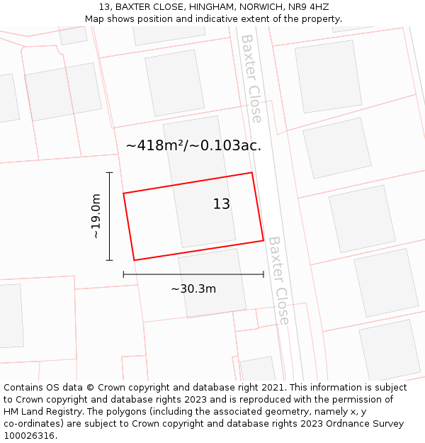 13, BAXTER CLOSE, HINGHAM, NORWICH, NR9 4HZ: Plot and title map
