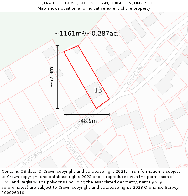 13, BAZEHILL ROAD, ROTTINGDEAN, BRIGHTON, BN2 7DB: Plot and title map