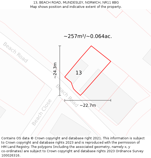 13, BEACH ROAD, MUNDESLEY, NORWICH, NR11 8BG: Plot and title map