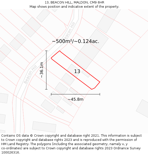 13, BEACON HILL, MALDON, CM9 6HR: Plot and title map