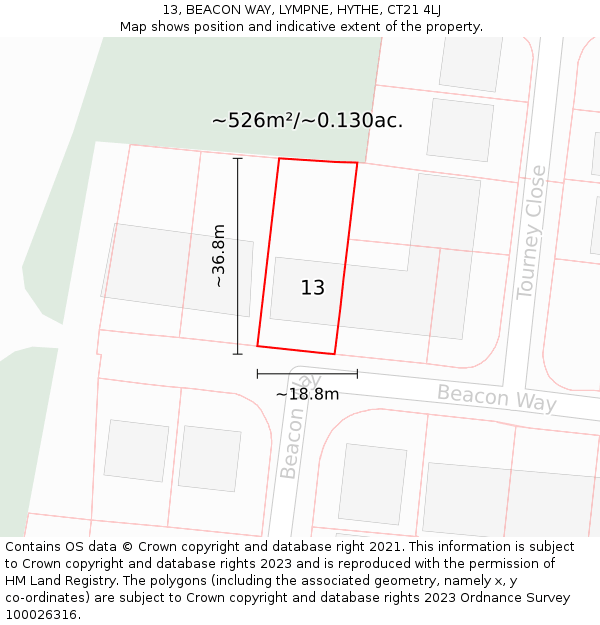 13, BEACON WAY, LYMPNE, HYTHE, CT21 4LJ: Plot and title map