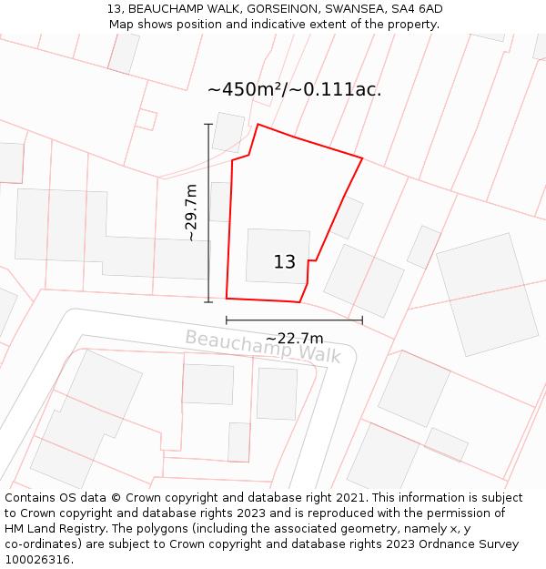 13, BEAUCHAMP WALK, GORSEINON, SWANSEA, SA4 6AD: Plot and title map