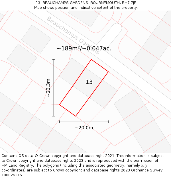 13, BEAUCHAMPS GARDENS, BOURNEMOUTH, BH7 7JE: Plot and title map