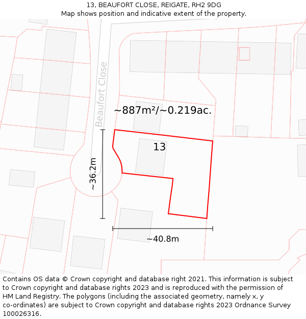 13, BEAUFORT CLOSE, REIGATE, RH2 9DG: Plot and title map