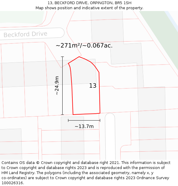 13, BECKFORD DRIVE, ORPINGTON, BR5 1SH: Plot and title map