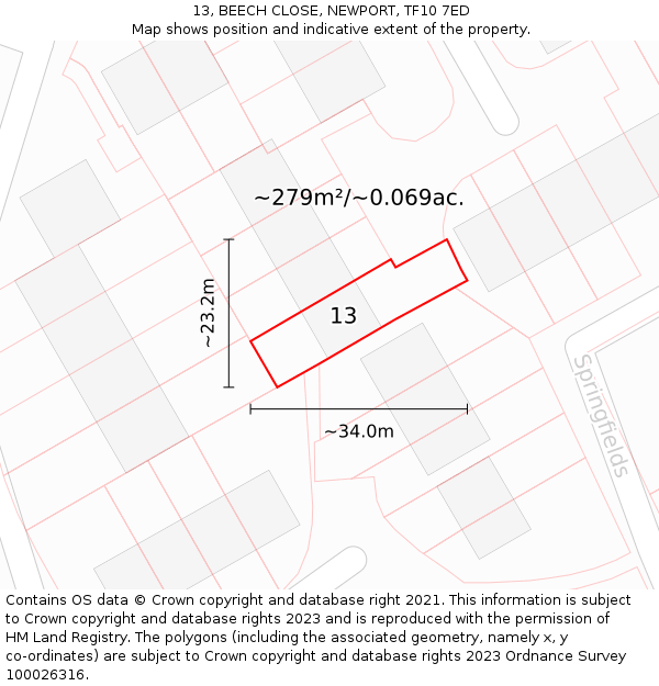 13, BEECH CLOSE, NEWPORT, TF10 7ED: Plot and title map