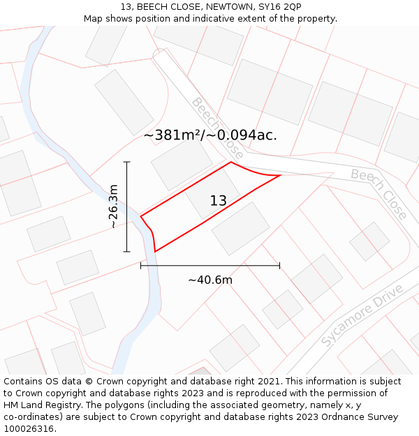 13, BEECH CLOSE, NEWTOWN, SY16 2QP: Plot and title map