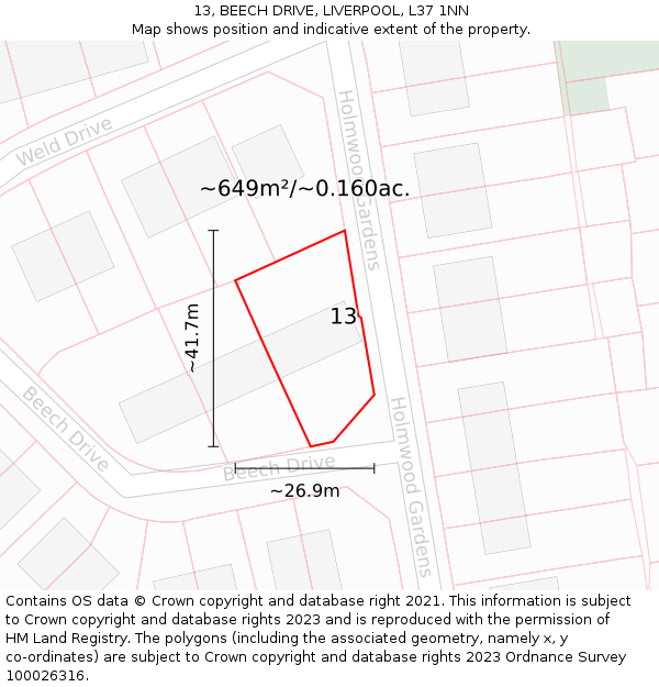 13, BEECH DRIVE, LIVERPOOL, L37 1NN: Plot and title map