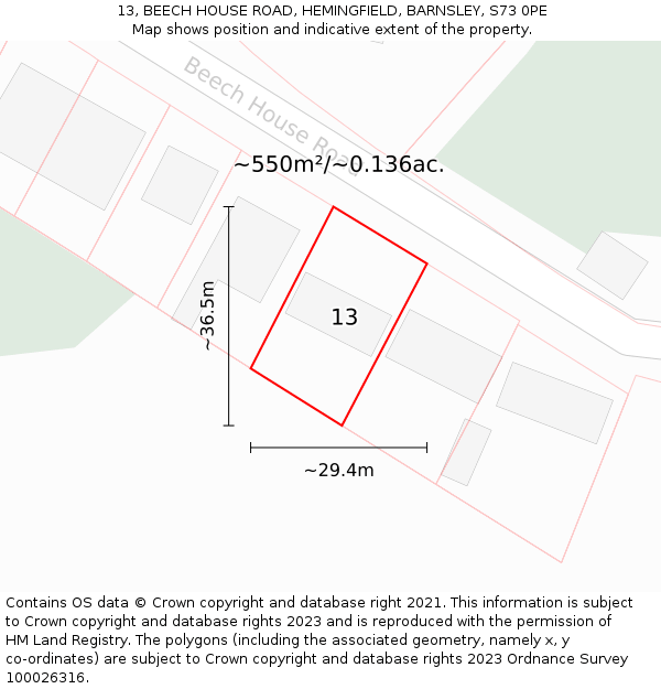 13, BEECH HOUSE ROAD, HEMINGFIELD, BARNSLEY, S73 0PE: Plot and title map