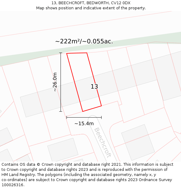 13, BEECHCROFT, BEDWORTH, CV12 0DX: Plot and title map