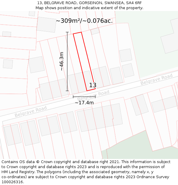 13, BELGRAVE ROAD, GORSEINON, SWANSEA, SA4 6RF: Plot and title map