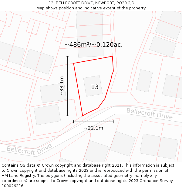 13, BELLECROFT DRIVE, NEWPORT, PO30 2JD: Plot and title map