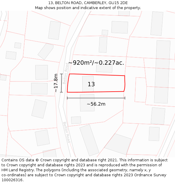 13, BELTON ROAD, CAMBERLEY, GU15 2DE: Plot and title map