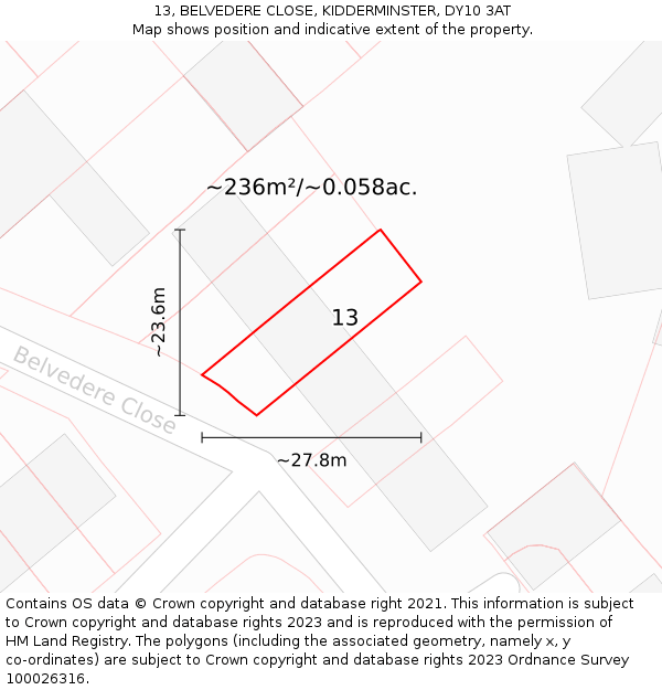 13, BELVEDERE CLOSE, KIDDERMINSTER, DY10 3AT: Plot and title map