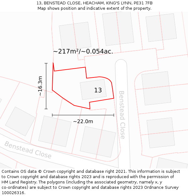 13, BENSTEAD CLOSE, HEACHAM, KING'S LYNN, PE31 7FB: Plot and title map