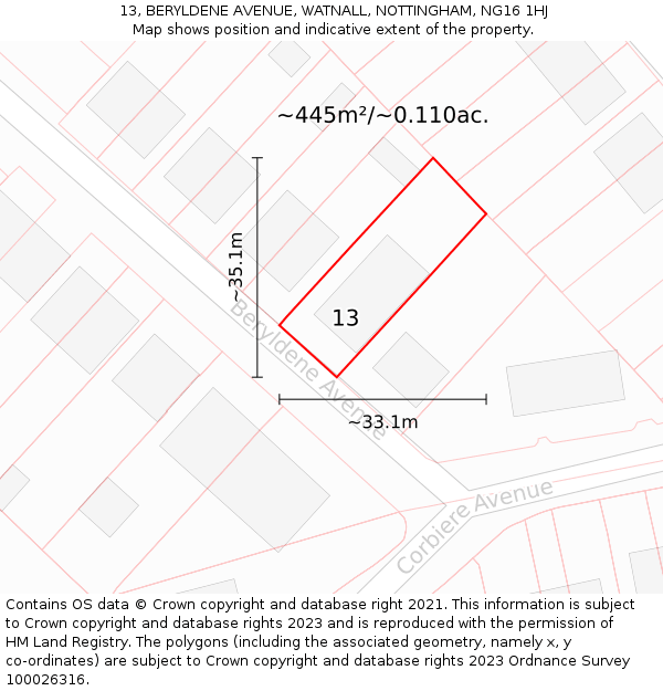 13, BERYLDENE AVENUE, WATNALL, NOTTINGHAM, NG16 1HJ: Plot and title map