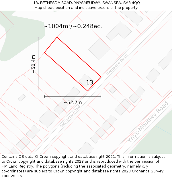 13, BETHESDA ROAD, YNYSMEUDWY, SWANSEA, SA8 4QQ: Plot and title map