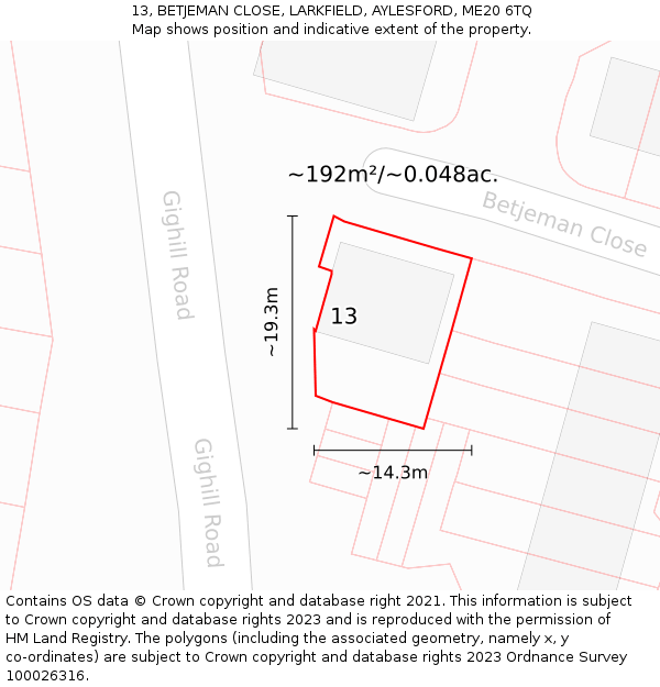 13, BETJEMAN CLOSE, LARKFIELD, AYLESFORD, ME20 6TQ: Plot and title map