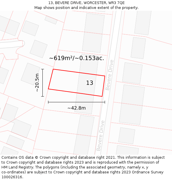 13, BEVERE DRIVE, WORCESTER, WR3 7QE: Plot and title map