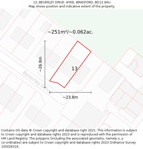 13, BEVERLEY DRIVE, WYKE, BRADFORD, BD12 9AU: Plot and title map