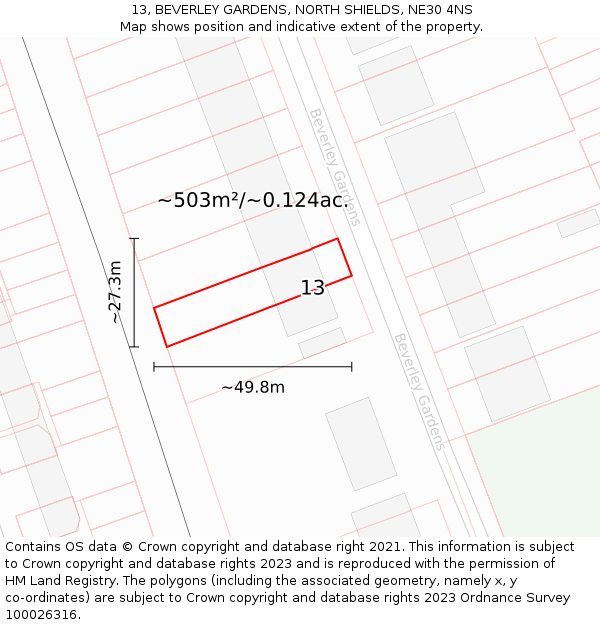 13, BEVERLEY GARDENS, NORTH SHIELDS, NE30 4NS: Plot and title map