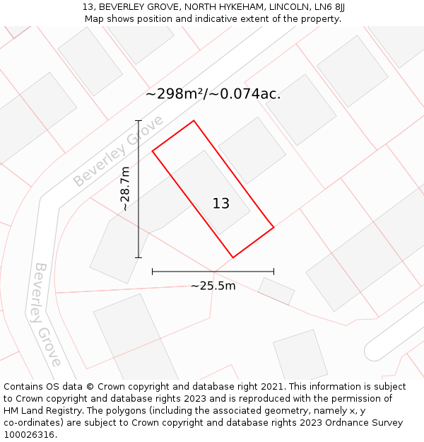 13, BEVERLEY GROVE, NORTH HYKEHAM, LINCOLN, LN6 8JJ: Plot and title map