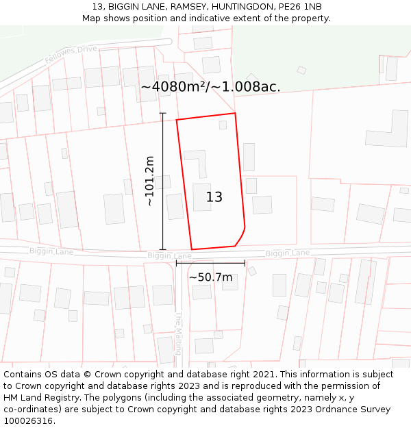 13, BIGGIN LANE, RAMSEY, HUNTINGDON, PE26 1NB: Plot and title map