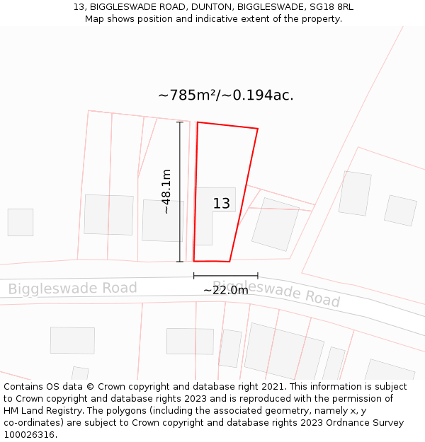 13, BIGGLESWADE ROAD, DUNTON, BIGGLESWADE, SG18 8RL: Plot and title map