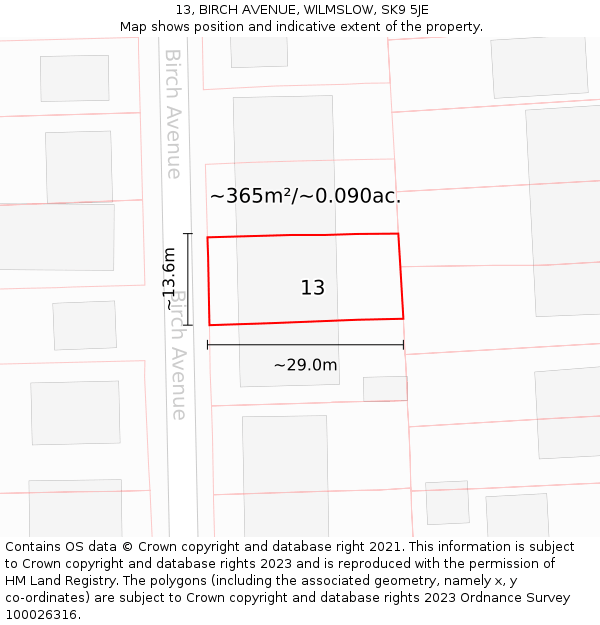 13, BIRCH AVENUE, WILMSLOW, SK9 5JE: Plot and title map