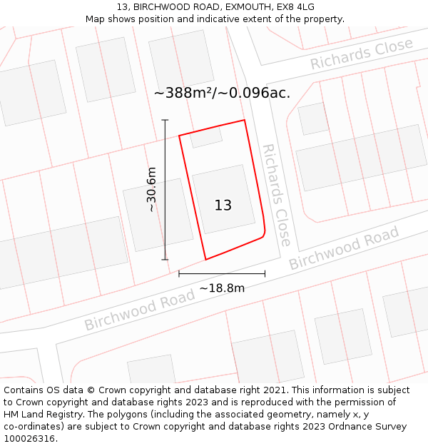 13, BIRCHWOOD ROAD, EXMOUTH, EX8 4LG: Plot and title map