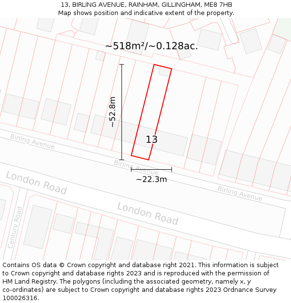 13, BIRLING AVENUE, RAINHAM, GILLINGHAM, ME8 7HB: Plot and title map