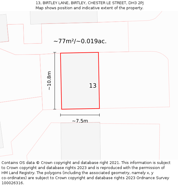 13, BIRTLEY LANE, BIRTLEY, CHESTER LE STREET, DH3 2PJ: Plot and title map