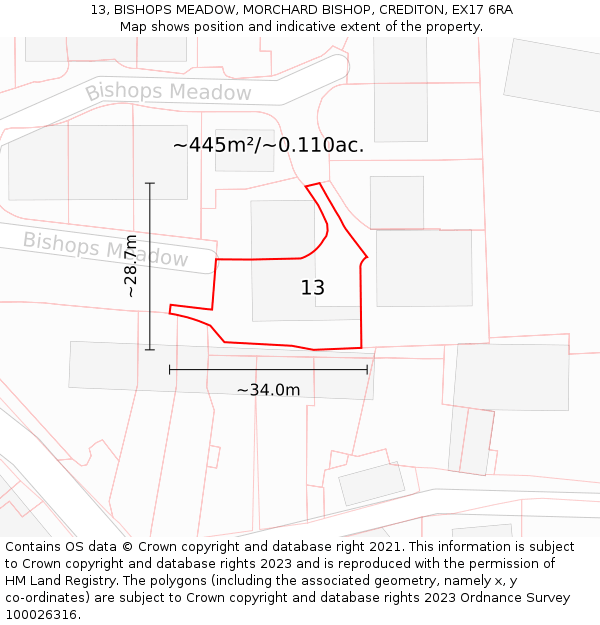 13, BISHOPS MEADOW, MORCHARD BISHOP, CREDITON, EX17 6RA: Plot and title map