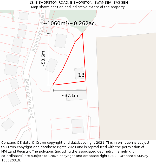 13, BISHOPSTON ROAD, BISHOPSTON, SWANSEA, SA3 3EH: Plot and title map