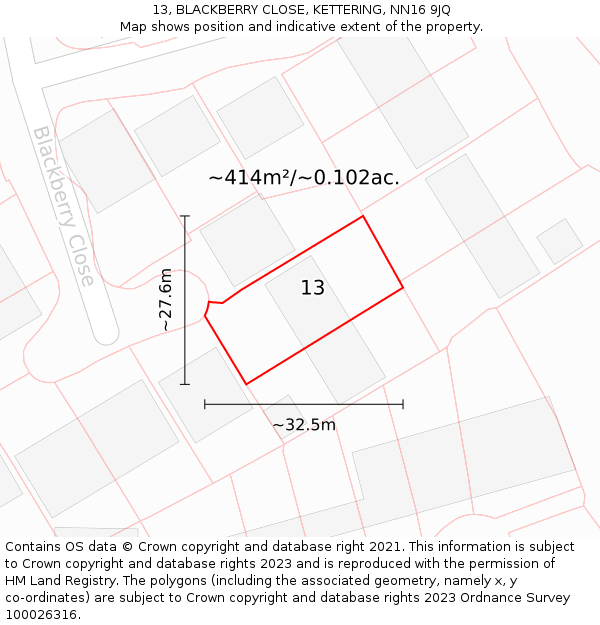 13, BLACKBERRY CLOSE, KETTERING, NN16 9JQ: Plot and title map