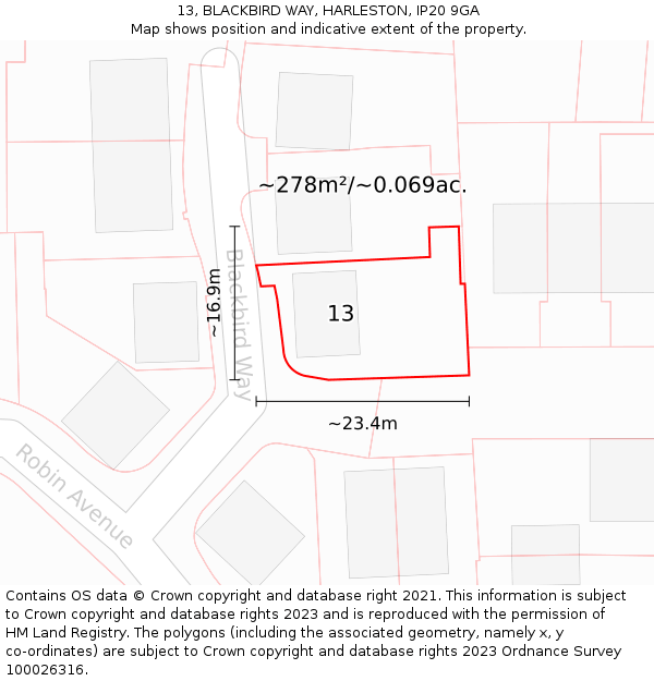 13, BLACKBIRD WAY, HARLESTON, IP20 9GA: Plot and title map