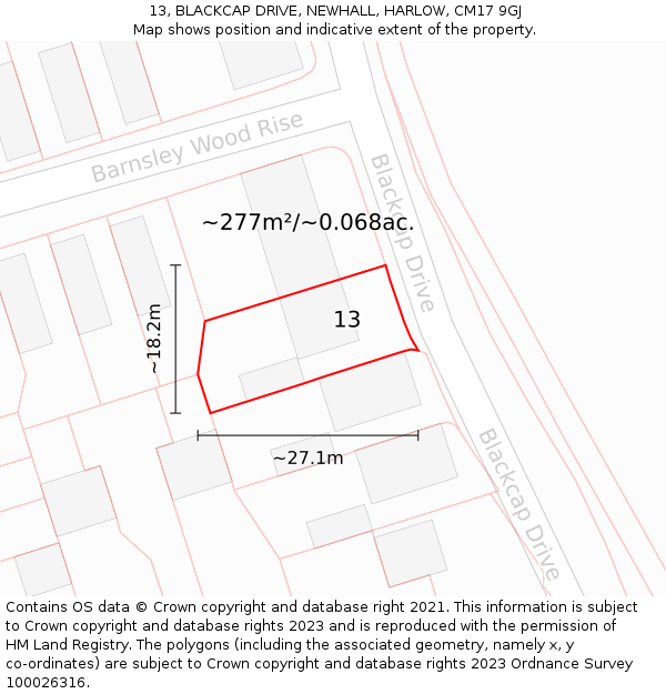 13, BLACKCAP DRIVE, NEWHALL, HARLOW, CM17 9GJ: Plot and title map