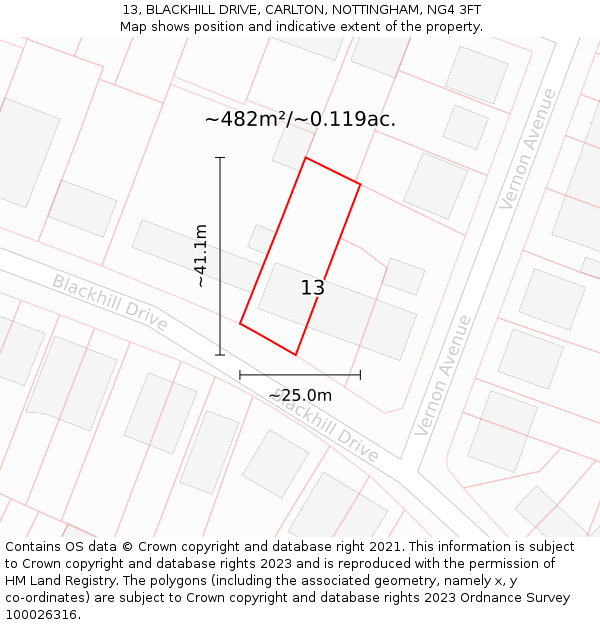 13, BLACKHILL DRIVE, CARLTON, NOTTINGHAM, NG4 3FT: Plot and title map