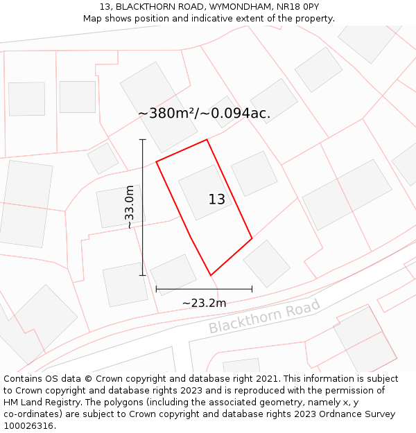 13, BLACKTHORN ROAD, WYMONDHAM, NR18 0PY: Plot and title map