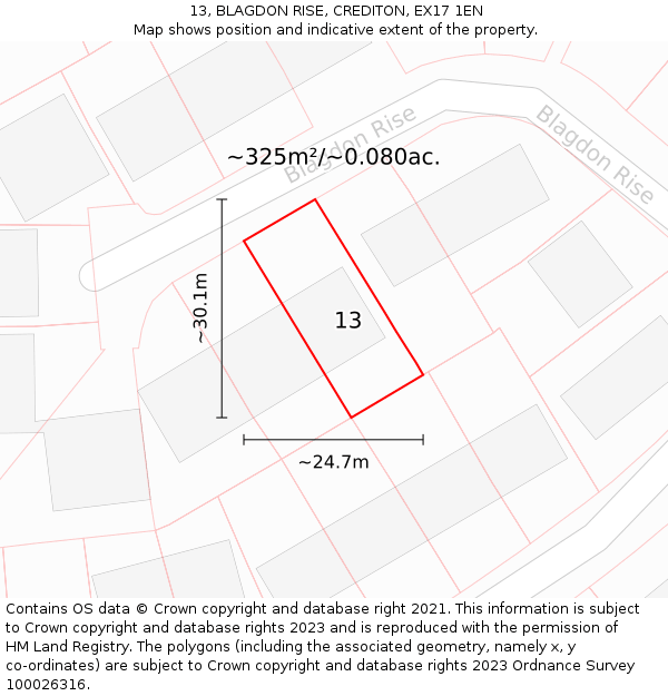 13, BLAGDON RISE, CREDITON, EX17 1EN: Plot and title map