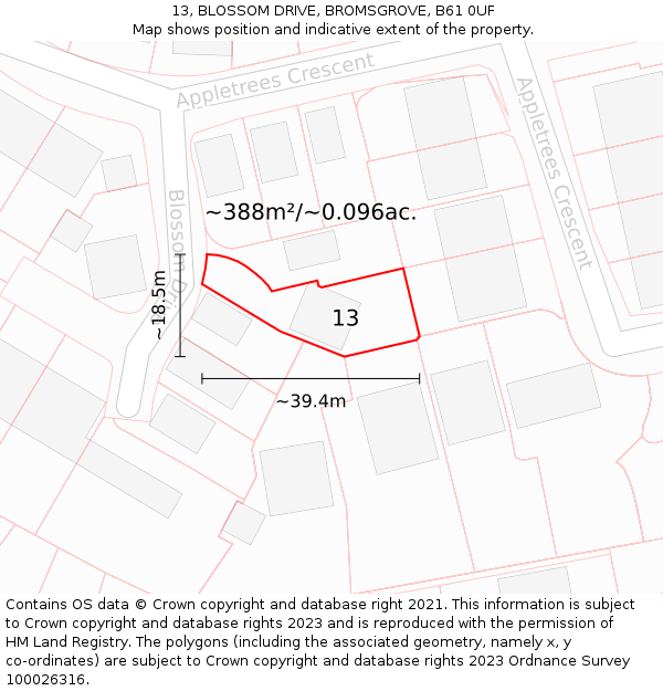 13, BLOSSOM DRIVE, BROMSGROVE, B61 0UF: Plot and title map